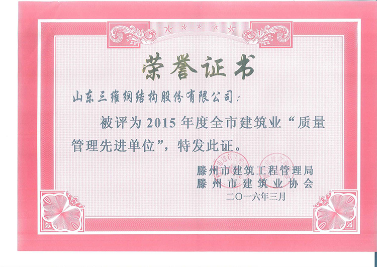 红桃国际获得的质量管理先进单位荣誉称号